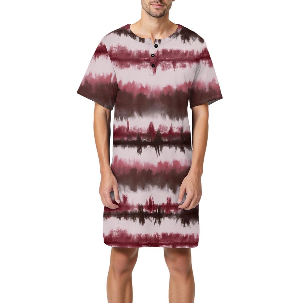 Мужская мода Принтованная хлопковая пижама с коротким рукавом Воротник на пуговицах Длинная свободная домашняя одежда