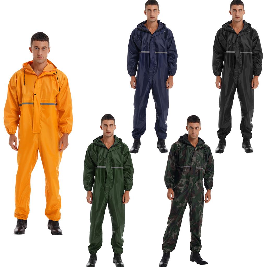 Mens Waterproof Jumpsuit Reflective Strip Rainsuit Long Sleeve Hooded Raincoat Zipper Coverall Workwear