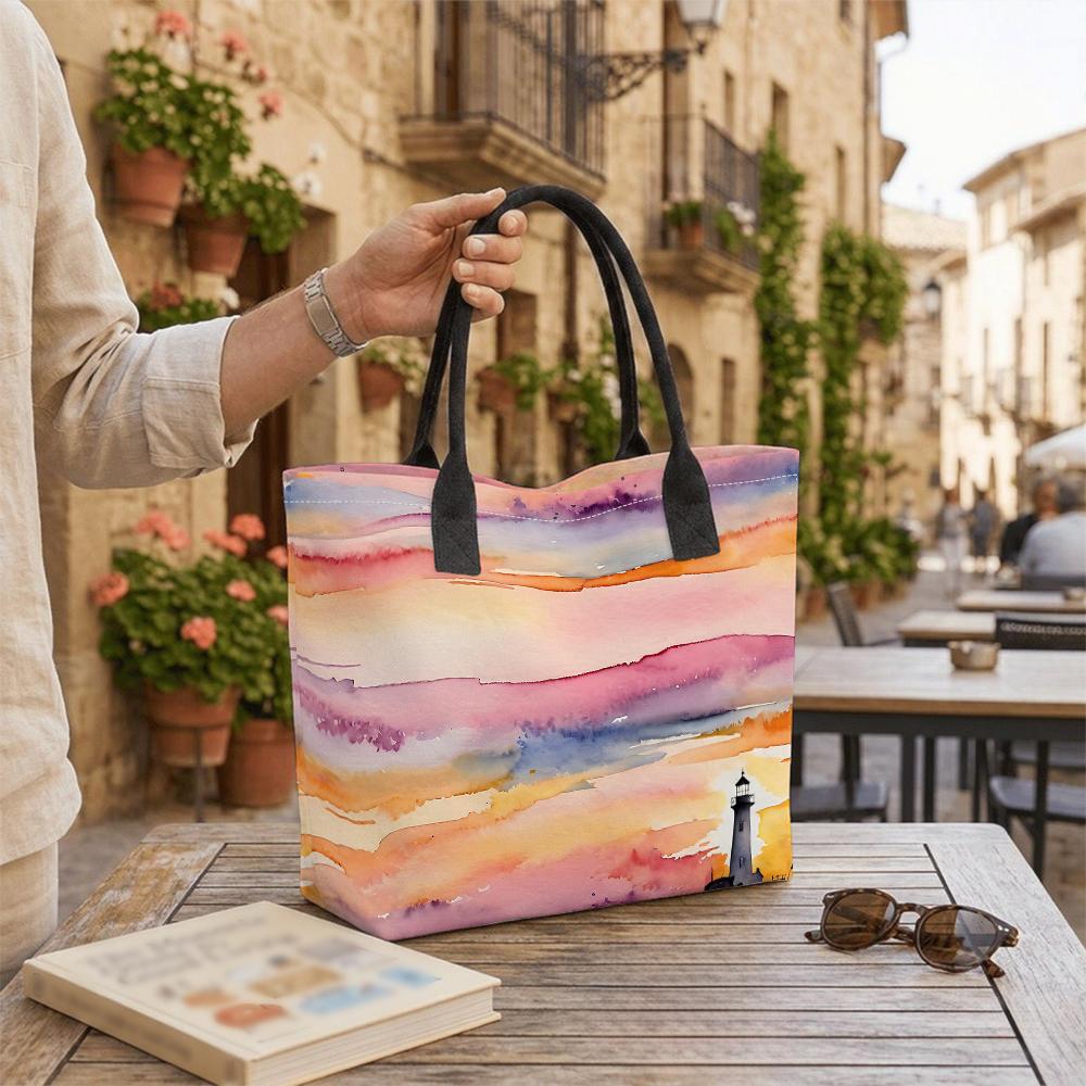 Watercolor Lighthouse Print Large Tote Bag for Daily Shopping Travel Shoulder Handbag
