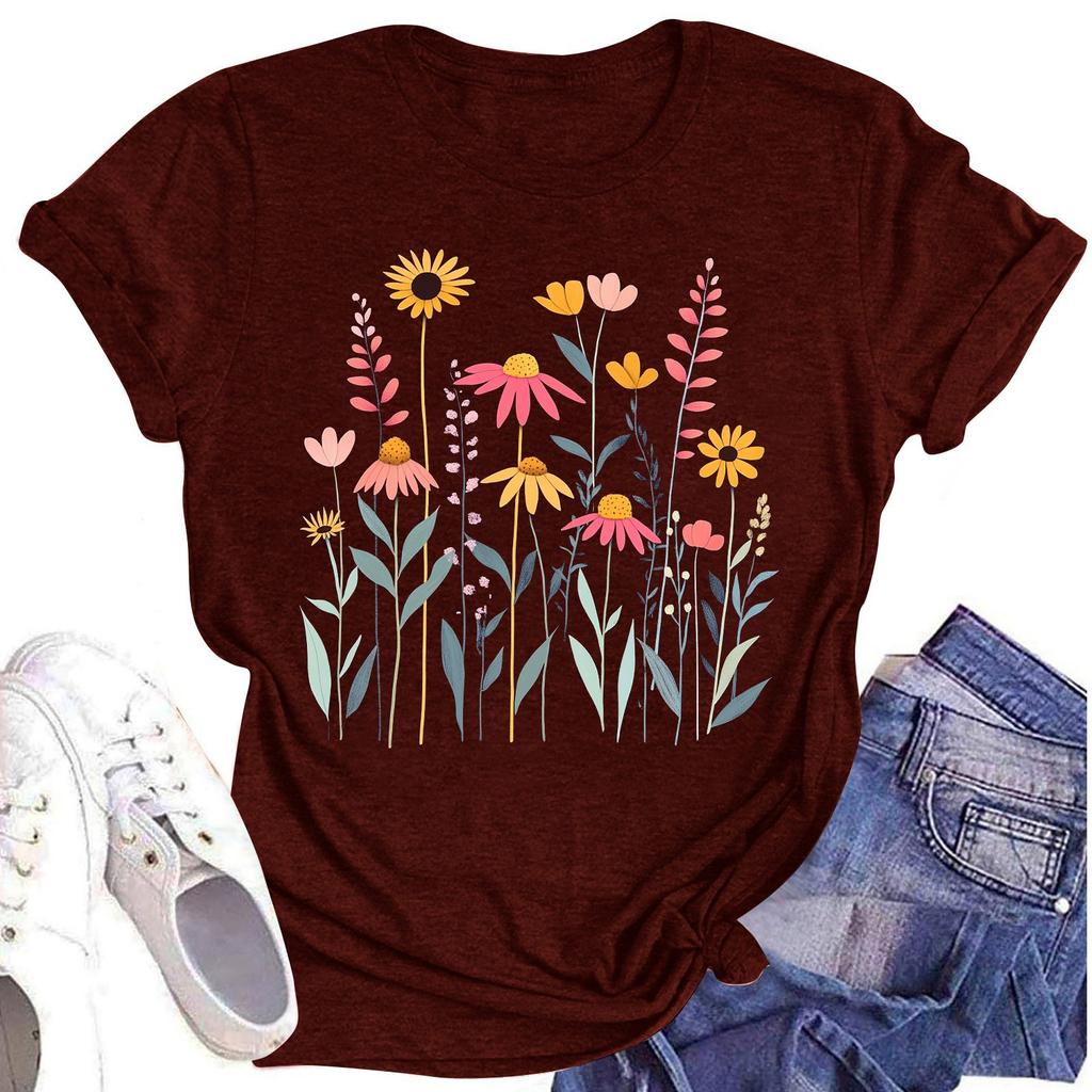 Женская повседневная футболка с круглым вырезом и цветочным принтом, короткий рукав