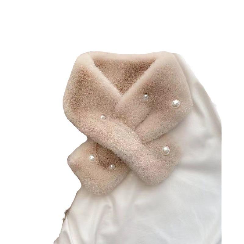 Женский шарф в корейском стиле из искусственного меха кролика рекс - Универсальный осенне-зимний толстый теплый жемчужный шарф-манишка.