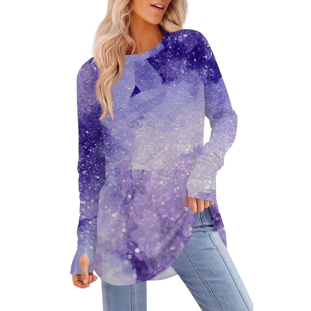 Женская футболка с принтом, круглым вырезом, свободная, с длинным рукавом, средней длины, с отсутствующим большим пальцем