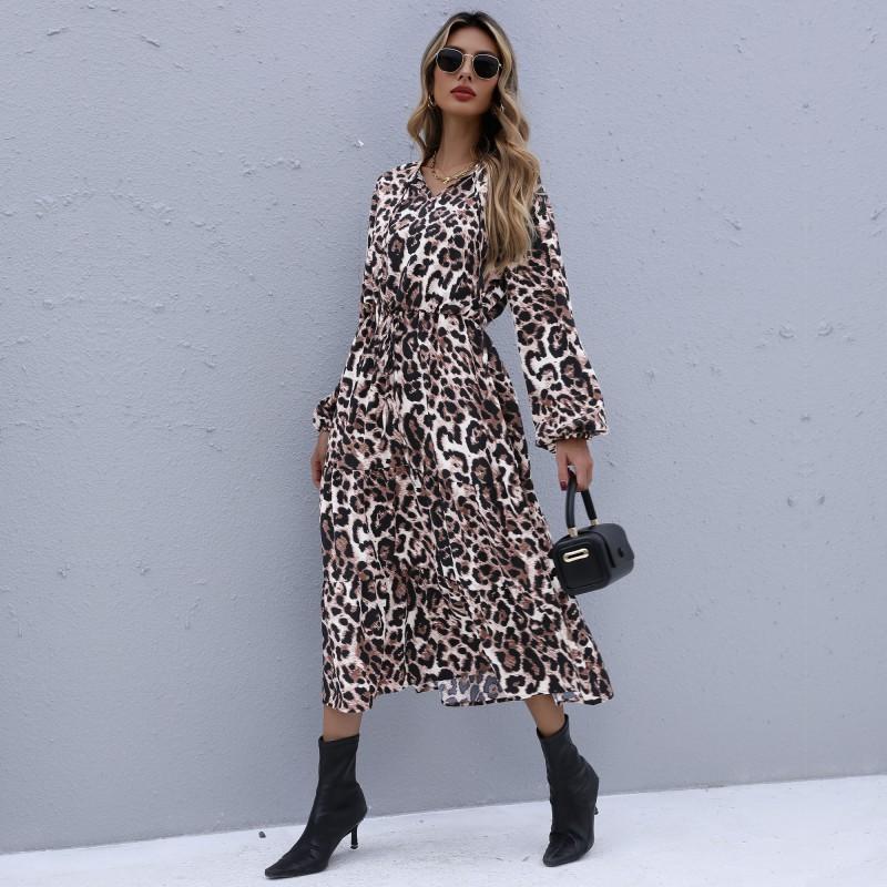 Осеннее и зимнее осеннее и зимнее платье дикий леопардовый принт платье со средними и длинными рукавами
