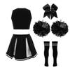 Kids Girls Sparkly Cheer Outfit Crisscross Striped V Neck Crop Top Pleated Skirt and Bow Set