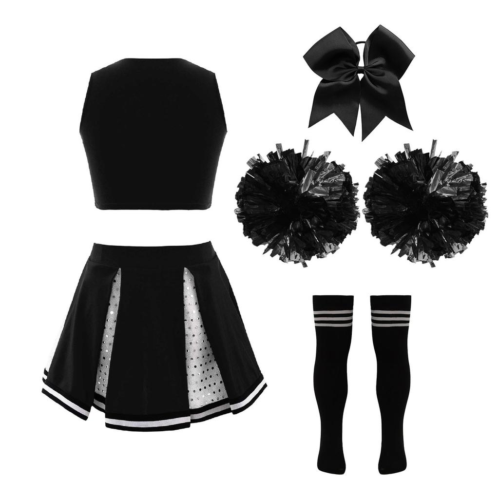 Kids Girls Sparkly Cheer Outfit Crisscross Striped V Neck Crop Top Pleated Skirt and Bow Set