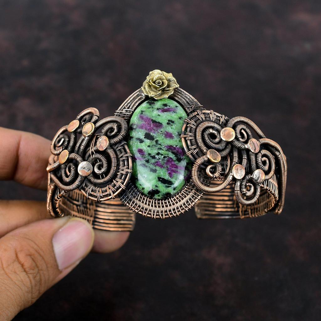 Ruby Zoisite Bangle Copper Wire Wrapped Cuff Bracelet Handmade Copper Jewelry Adjustable Bangle Gemstone Bracelet Flower Bangle Gift For Him