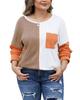 Azura Exchange Chestnut Plus Size Color Block Textured Patchwork Top with Pocket