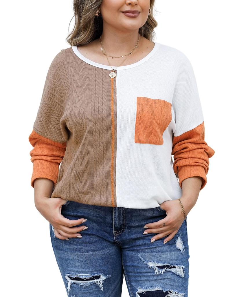 Azura Exchange Chestnut Plus Size Color Block Textured Patchwork Top with Pocket