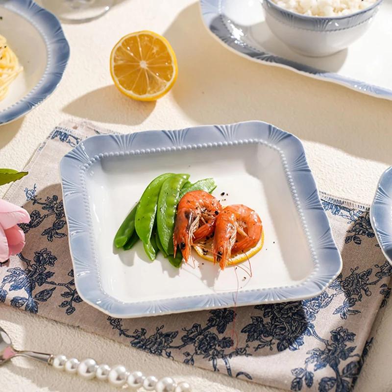 Обеденные тарелки во французском стиле, изысканные блюда, глубокая суповая тарелка, изысканный фруктовый салат, керамическая тарелка, синяя кромка, домашняя посуда