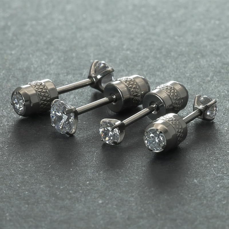 [Adelina Style] Pure Titanium Stud Earrings Popularity Leave It On Screw Type Catch Men's Ladies 1 Pair AAAAA Cubic Zirconia 20G Compatible with Metal