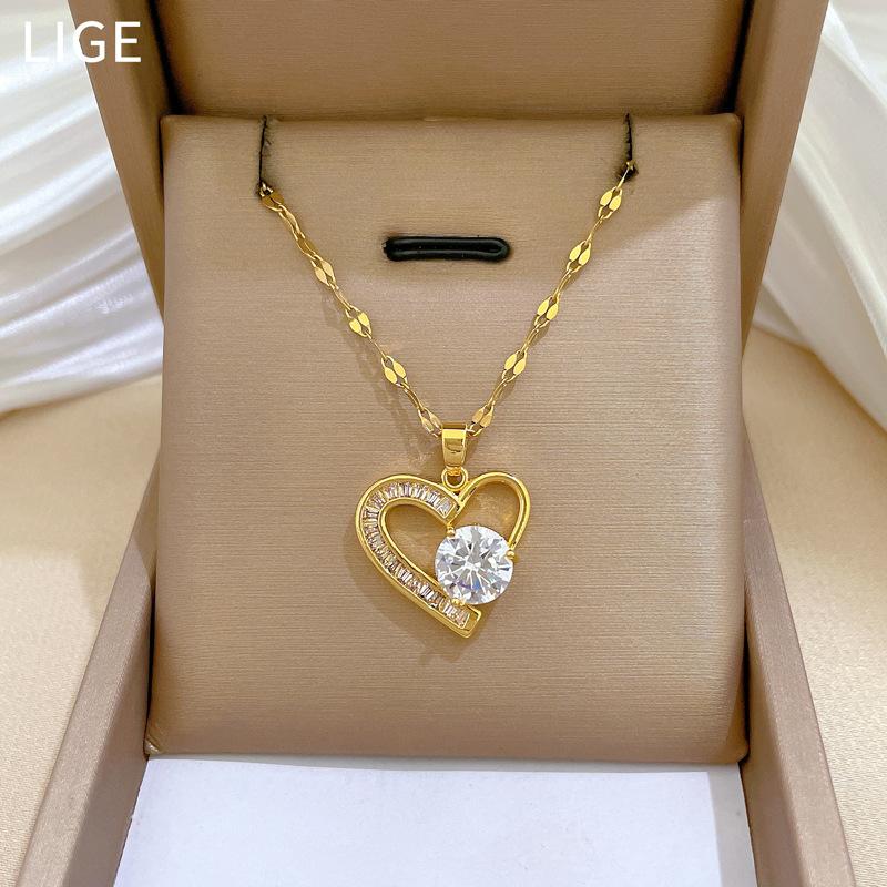 Light Luxury Temperament Love Full Diamond Real Gold Electroplating Necklace Women'S Collarbone Chain With Jewelry