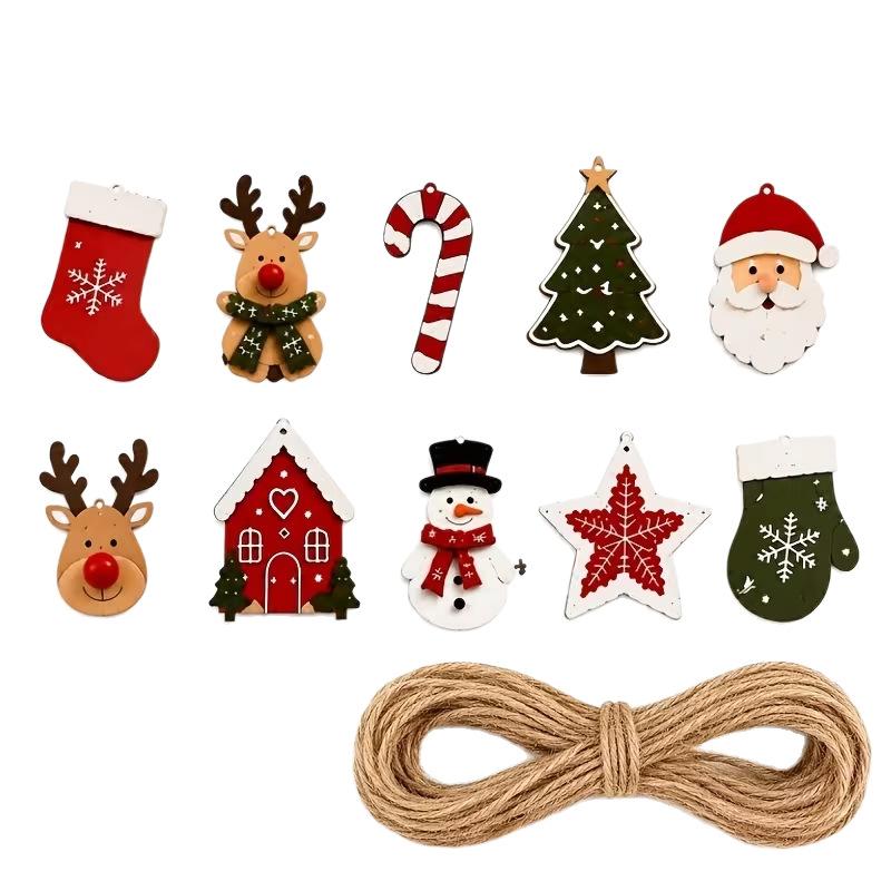 Wooden Christmas Hanging Ornaments Set of 10 Rustic Village Style Pendants for Tree and Winter Home
