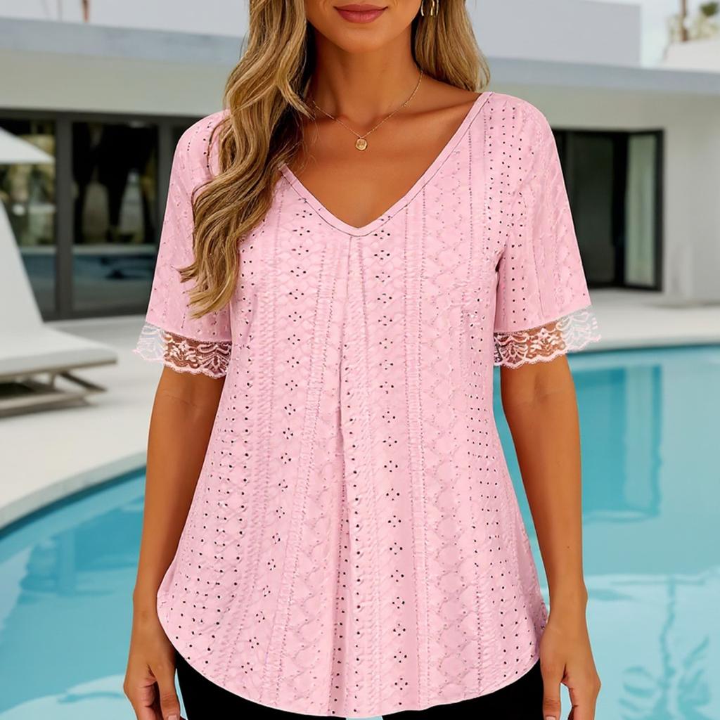 Женская однотонная футболка с V-образным вырезом, свободного кроя, с короткими рукавами и плиссировкой