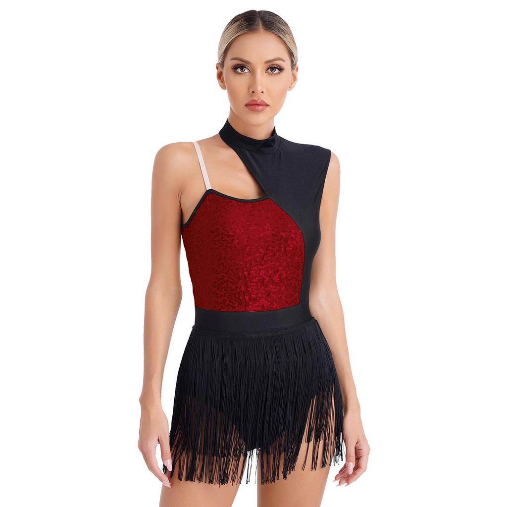 Womens Sleeveless Latin Dance Leotard Shiny Sequins Contrast Color Fringed Bodysuit for Dance Party Stage Performance