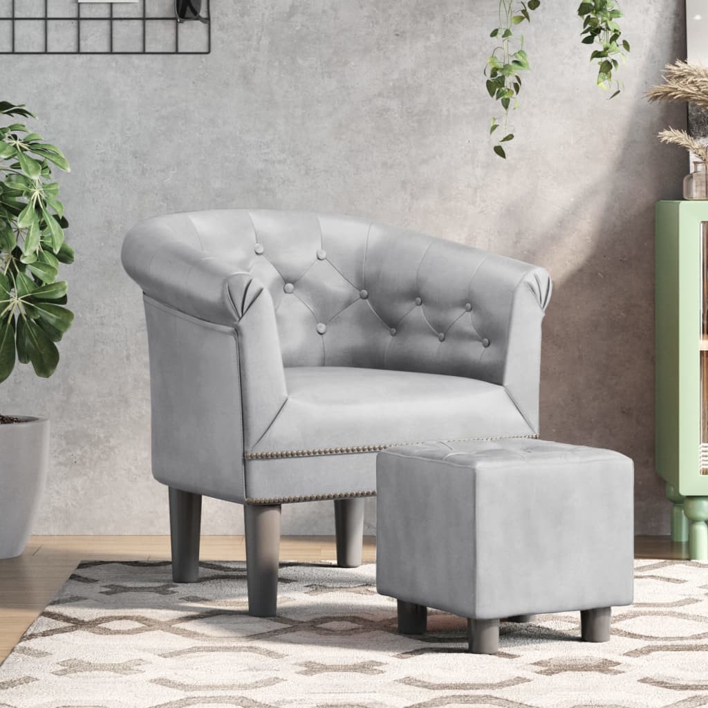 Club Chair with Footstool Silver Faux Leather