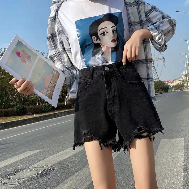Classic and Minimalist Fashion Versatile Broken Holes Female Summer Light-colored High-waisted Thin Ragged Loose Wide-legged A Word Denim Shorts