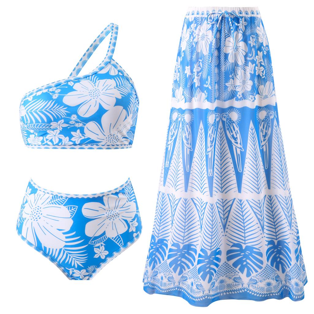 European and American retro ethnic bohemian bikini mesh round skirt three-piece vacation beach multi-color swimsuit women