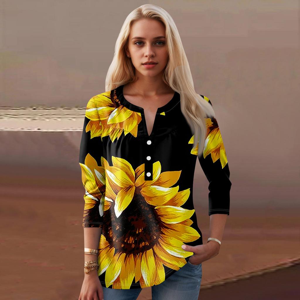 Женская мода повседневный топ с длинным рукавом и круглым вырезом с цветочным принтом