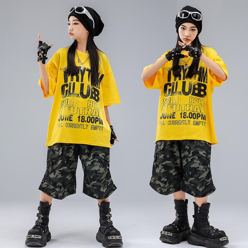 Детский модный костюм для уличных танцев - Желтый хип-хоп джазовый наряд для мальчиков и девочек