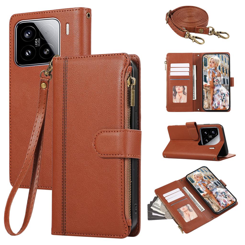 For Xiaomi 15 Case Multi Card Slots Zipper Leather Phone Cover with Shoulder Strap/Wrist Strap
