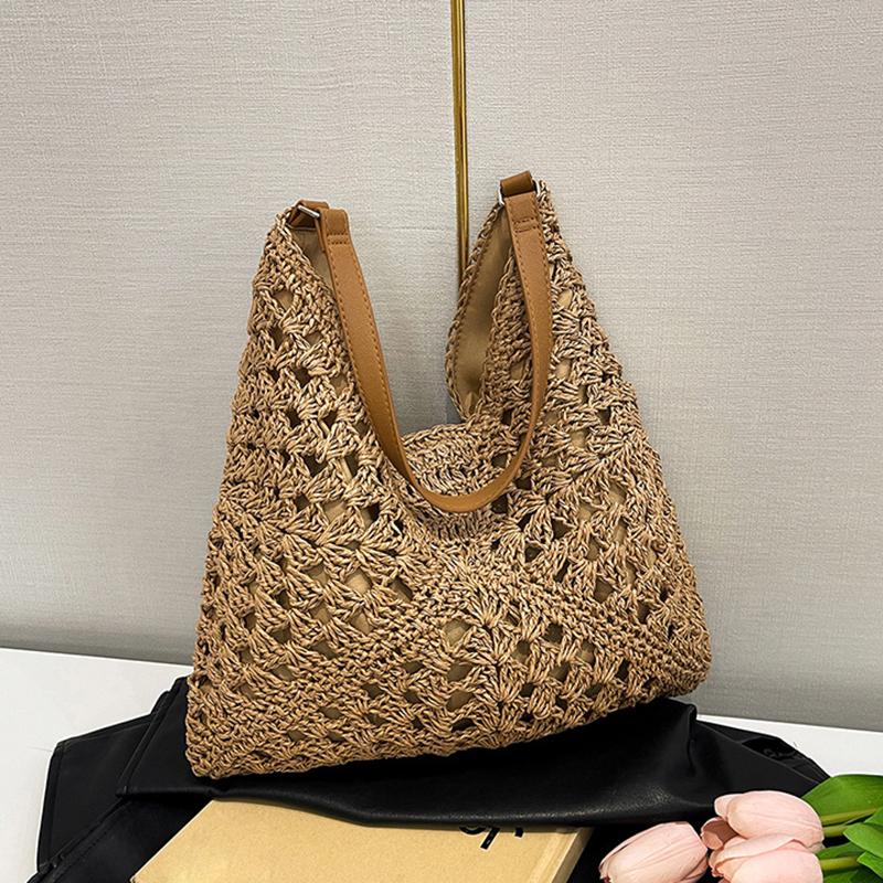 Yogodlns Летняя соломенная вязаная сумка, ажурная сумка-тоут, однотонная пляжная сумка через плечо, праздничная дорожная сумка, сумка через плечо в стиле бохо для женщин