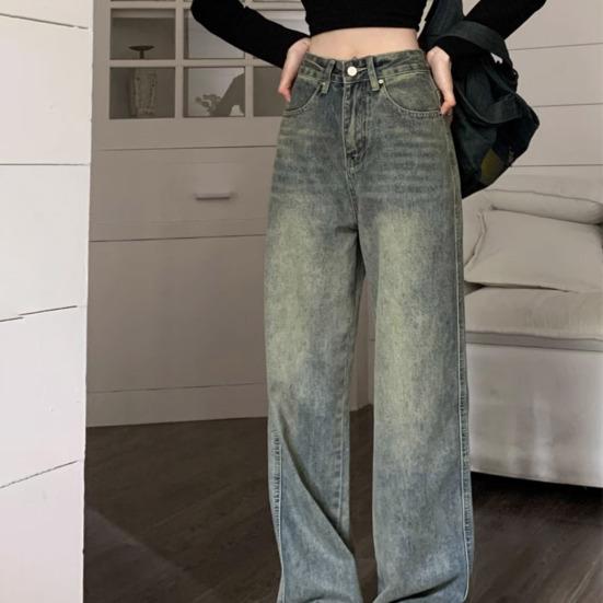 Женские джинсы с высокой талией, застежка-молния и пуговицы, сплошной цвет, свободные широкие брюки длиной до пола, ретро-стрессовые прямые карманы, мягкие цветные женские джинсовые брюки