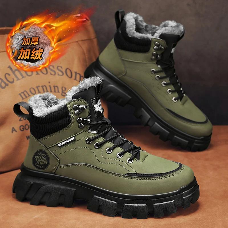 Зимние ботинки мужские зимние меховые теплые повседневные кожаные ботинки на платформе дизайнерские роскошные ковбойские боевые тактические ботинки челси для пешего туризма