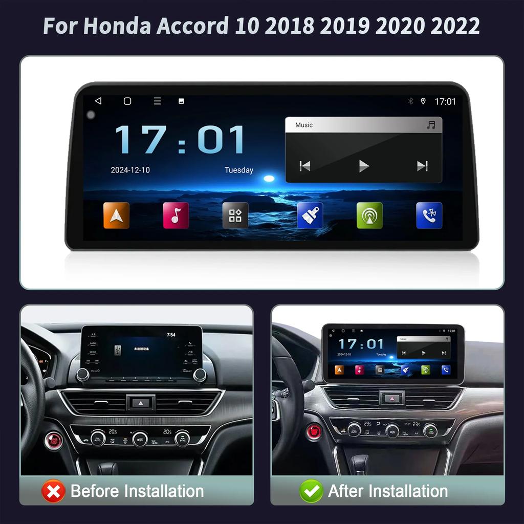 Android 14 12,3-дюймовый экран для Honda Accord 10 2018 2019 2020 2022 Автомагнитола Мультимедиа Навигация 4G Беспроводной BT CarPlay Стерео