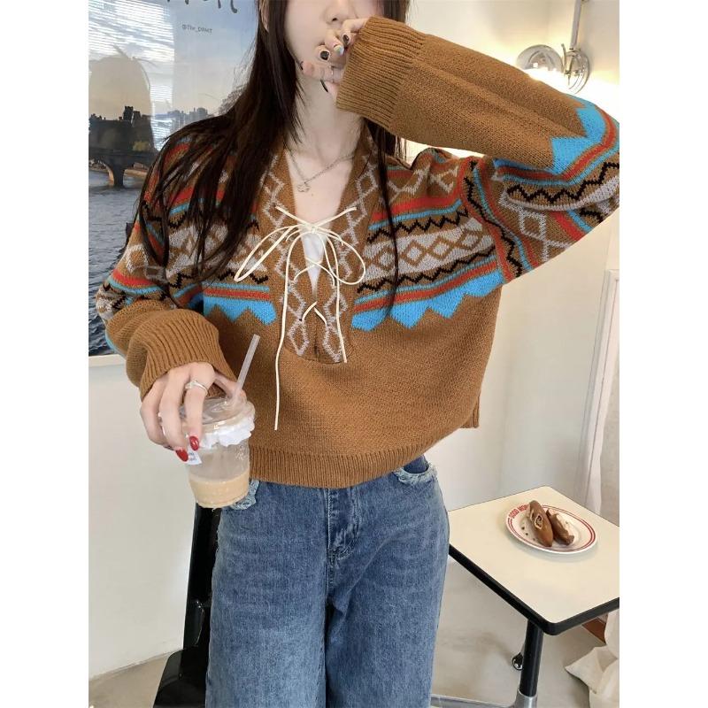 Винтажные свитера женские на шнуровке элегантные уютные с V-образным вырезом модные женские пуловеры в стиле BF трикотаж Ulzzang классический уличный стиль осень