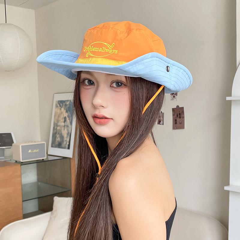 Two-tone quick-dry hiking hat for women, suitable for spring and autumn outdoor trips, sun protection hat with drawstring, versatile wide-brimmed