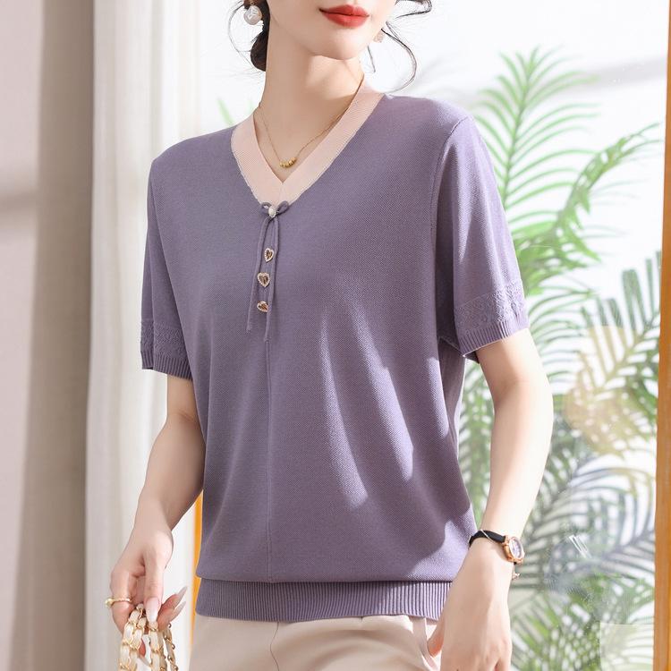 New Summer Mother Dress Short-sleeved Middle-aged Women's Knitted Top Loose Ice Silk Shirt Fashionable Mother-in-law Base Shirt