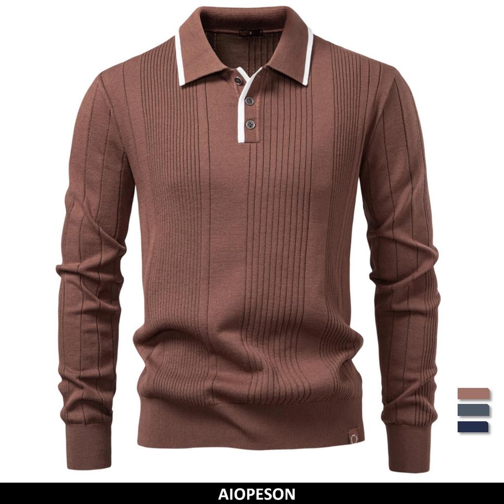 2025 Button Down Polo Shirt Men Solid Color Stripe Long Sleeve Fall Winter Luxury Warm Touch Business Casual Mens Polo Shirts