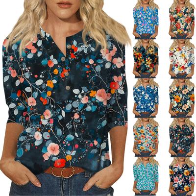 Женский свободный повседневный топ с рукавом семь четвертей и цветочным принтом с круглым вырезом на пуговицах