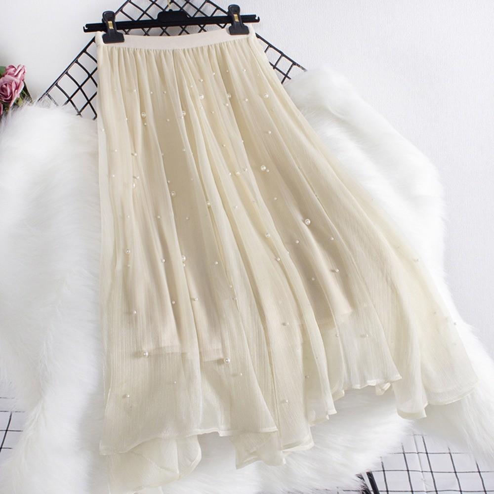 Qooth Women A Line Bead Chiffon Skirt Wide Hem Mid Length Elastic Waist Slim Casual Skirt QT2650