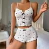 2 Pcs/Set Women Vest Shorts Suit Bow Heart Print Sleeveless Shirring Top High Waist Short Trousers Homewear Loungewear Outfit Summer Sleepwear