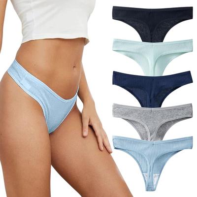 TUOTISI Хлопковое трикотажное в рубчик эластичное удобное сексуальное нижнее белье бикини танга гладкие женские стринги Т-образной формы, нескользящая кожа, 5 штук (Размер L)