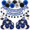 Grad Navy Blue Graduation Balloon Set Night Blue Silver Graduation Party Decoration Silver Spiral Paper Flower Ball Balloon Chain