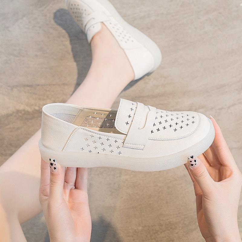 Маленькие белые туфли кожаные мокасины плоские одинарные туфли