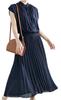 Плиссированная юбка Французский офис Большие размеры Темно-синий Ниже Длинный Милый Плиссированное платье M.Luce, Рукав, Без рукавов, Лето, Удобный, Длинный, Аккуратный, Элегантный,