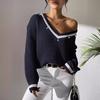 Women's Autumn-winter Spliced V-neck Long Sleeve Beaded Casual Sweater