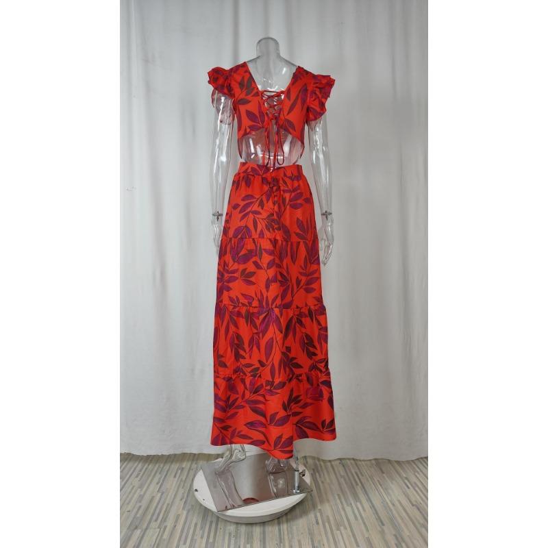 Летние женские платья с принтом и круглым вырезом, длинные платья с рюшами по подолу