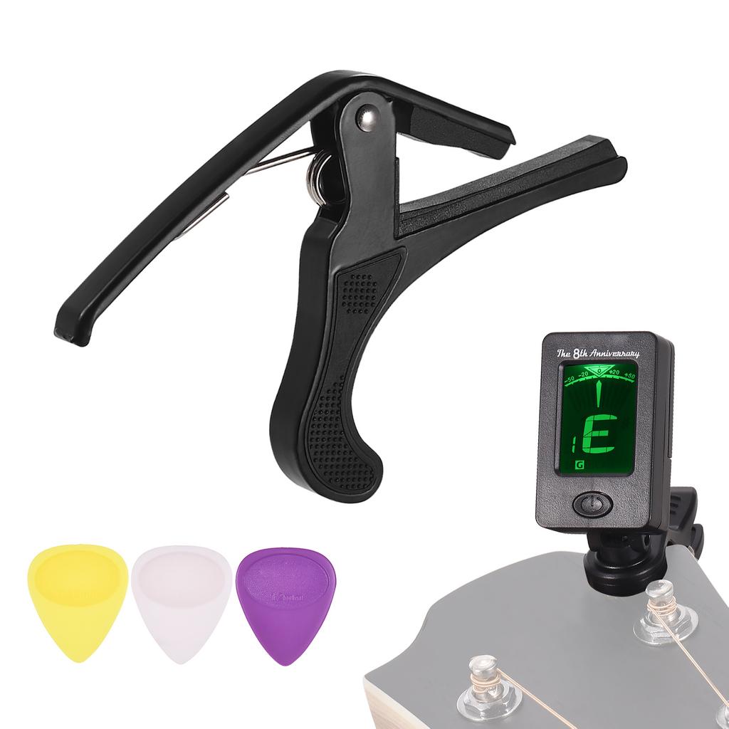 Набор гитарных аксессуаров для начинающих с клипсовым ЖК-цифровым гитарным тюнером, легким гитарным каподастром, 3 медиаторами