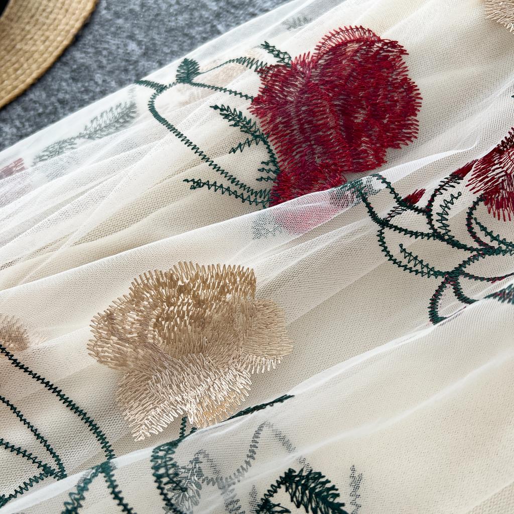 Summer Women Elegant Mesh Embroidery Flower Long Midi Tulle Skirt