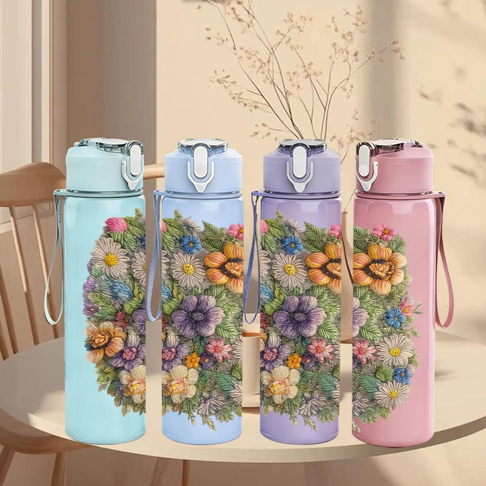 1PC Multicolor Wildflower Bouquet Print 750ml Color Plastic Sports Water Bottle Leakproof Flip Straw Lid Suitable for Sports Office Home Use