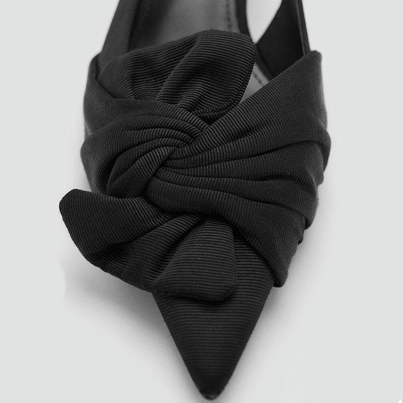 Black Satin Pleated Bow Design High Heels Women Fashion Pointed Toe Kitten Heel Slingback Sandals Elegant Banquet Dress Shoes