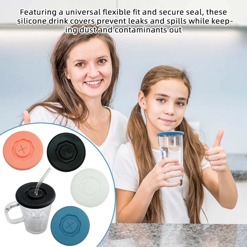 Silicone Cup Lids: 4 Pack Stretchable Food-Grade Spill-Proof Covers With Straw Slot - Reusable Dust Seal for Mugs Glasses Cans Tumblers