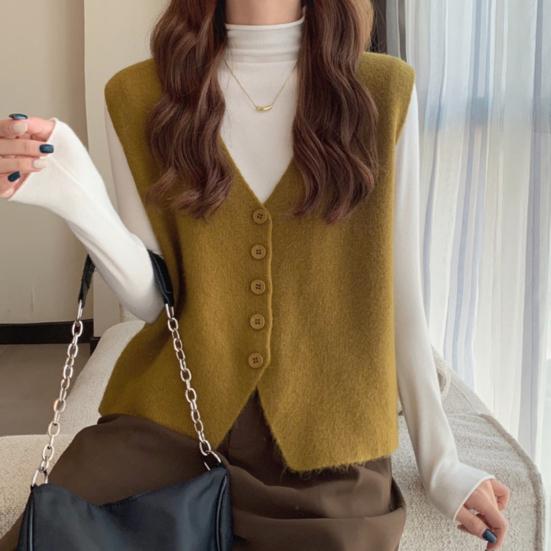 Осень-зима Женский жилет с V-образным вырезом на пуговицах Однотонный свободный трикотажный толстый сохраняющий тепло свободный свитер без рукавов