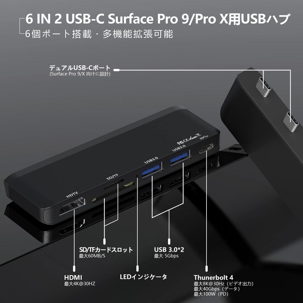 Surface Pro 9 USB Thunderbolt 4K 40 Гбит/с PD USB SD-карта Док-станция-хаб Microsoft Surface Pro, 6-в-2 Расширение, Многопортовый, 4, USB-C, Дисплей,