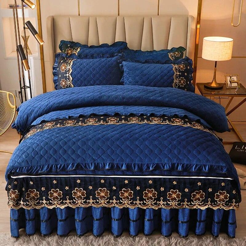 Стеганый бархатный комплект постельного белья Queen King Size, двуспальная кровать, пододеяльник, кружевная юбка на молнии, европейские однотонные 2 наволочки