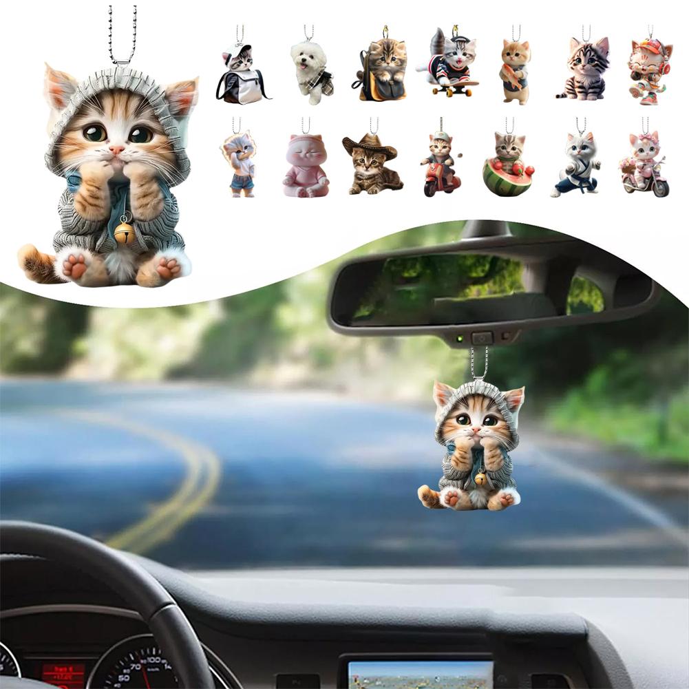 2D Car Pendant Hanging Ornament With Chain Realistic Hanging Interior Car Cat-Shaped Decor Mirr W3P9